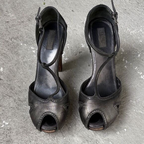 Prada gunmetal open toe platforms